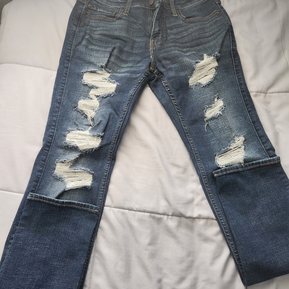 Hollister Distressed Straight Leg Jeans - Medium Blue